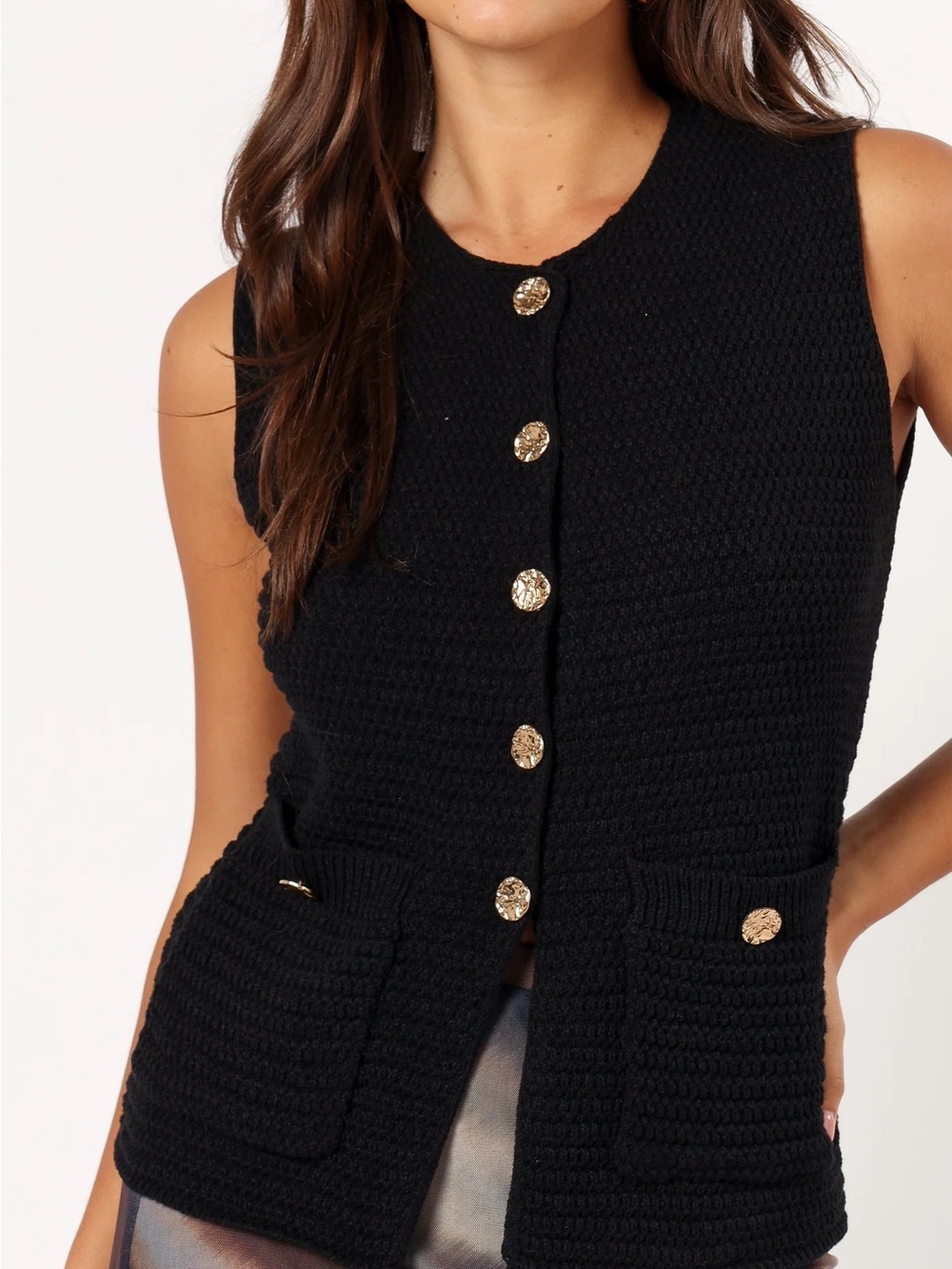 Petal & Pup Black Sleeveless Knit Vest with Gold Buttons